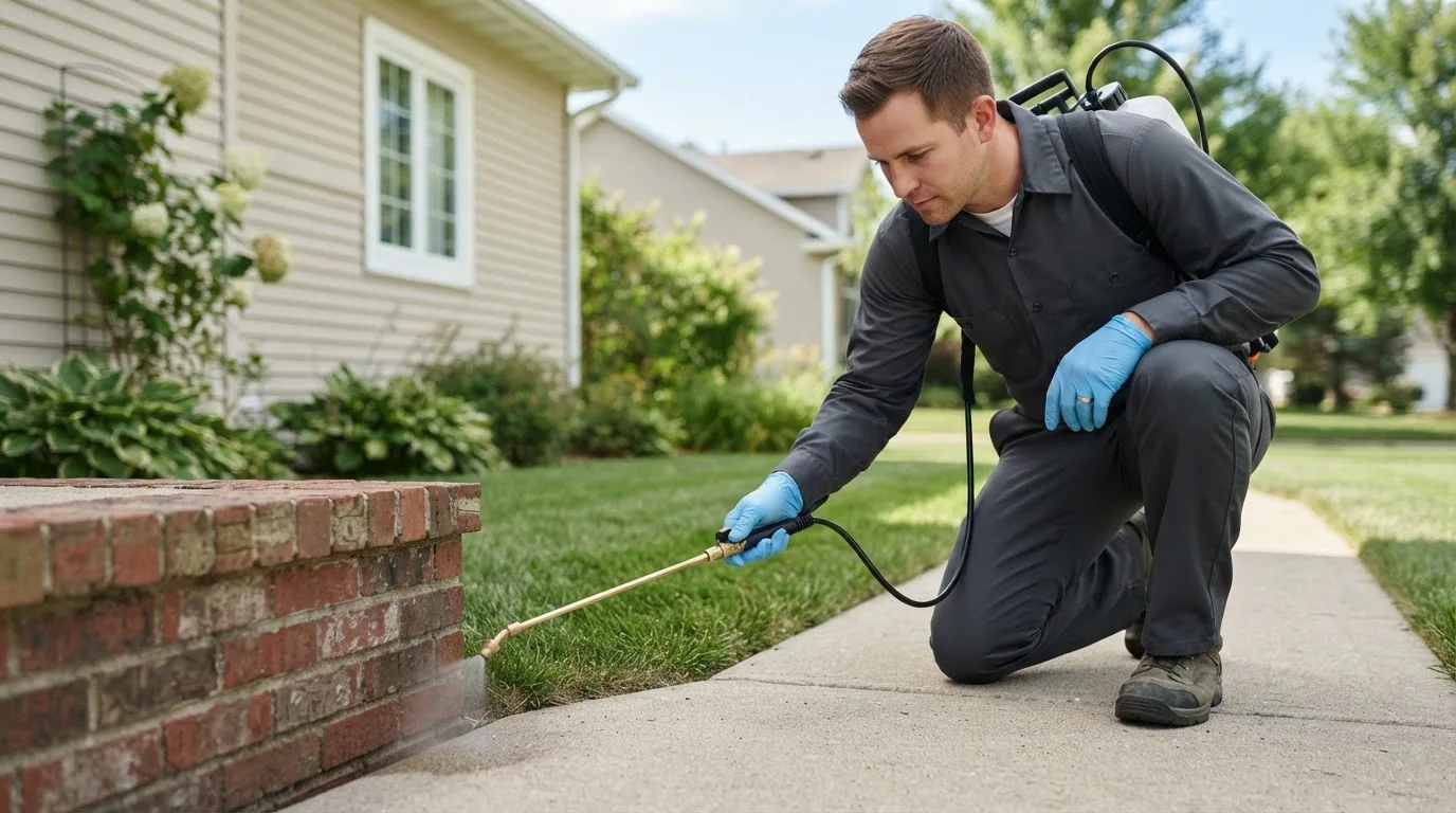 Pest control technician treating a home near Saint Joe, IN